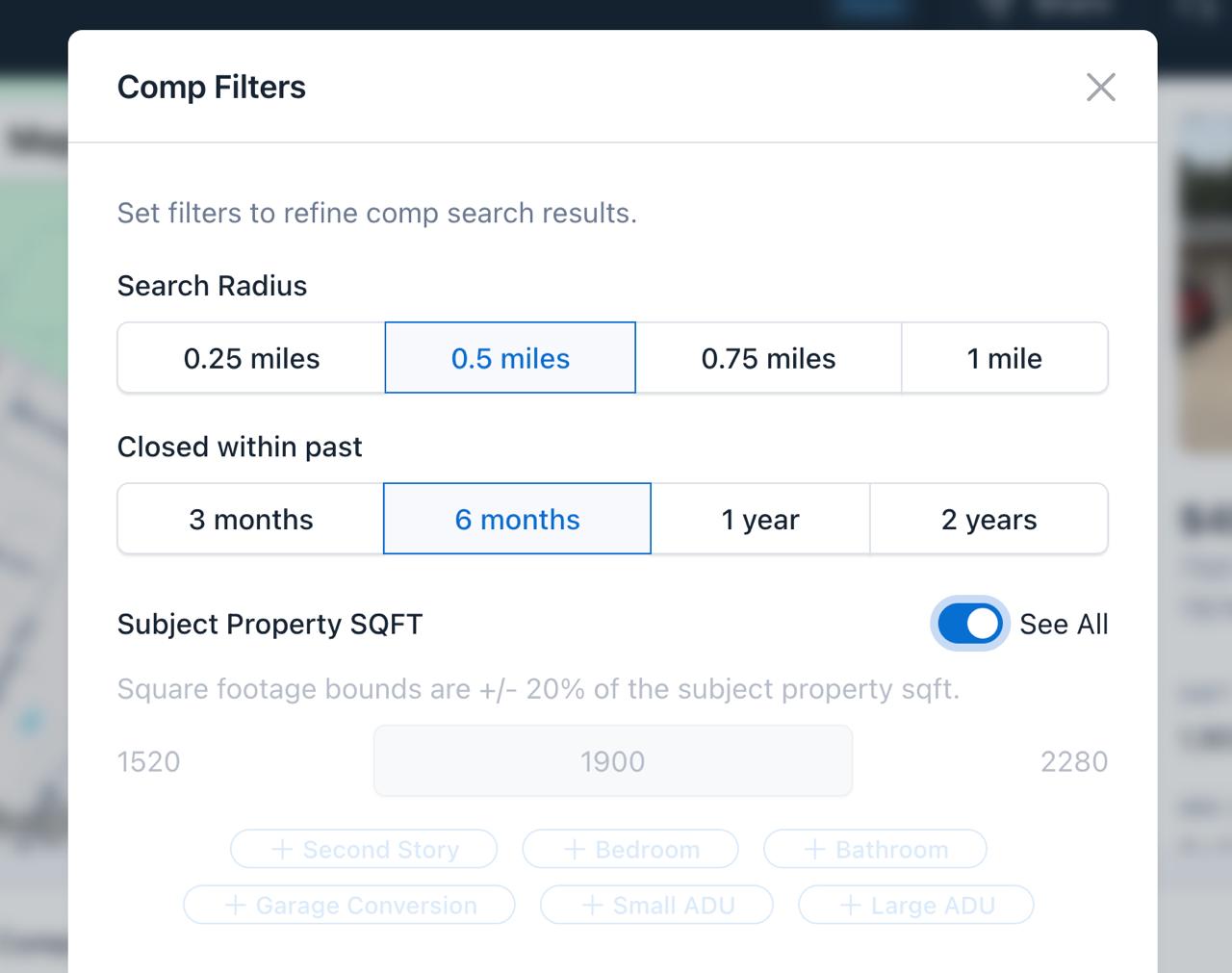 See All toggle for subject property sqft in comp filters